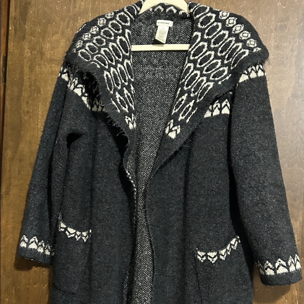 Max Studio  Cozy Black Charcoal Patterned Open-Front Women's Cardigan Sweater XL - Picture 6 of 10